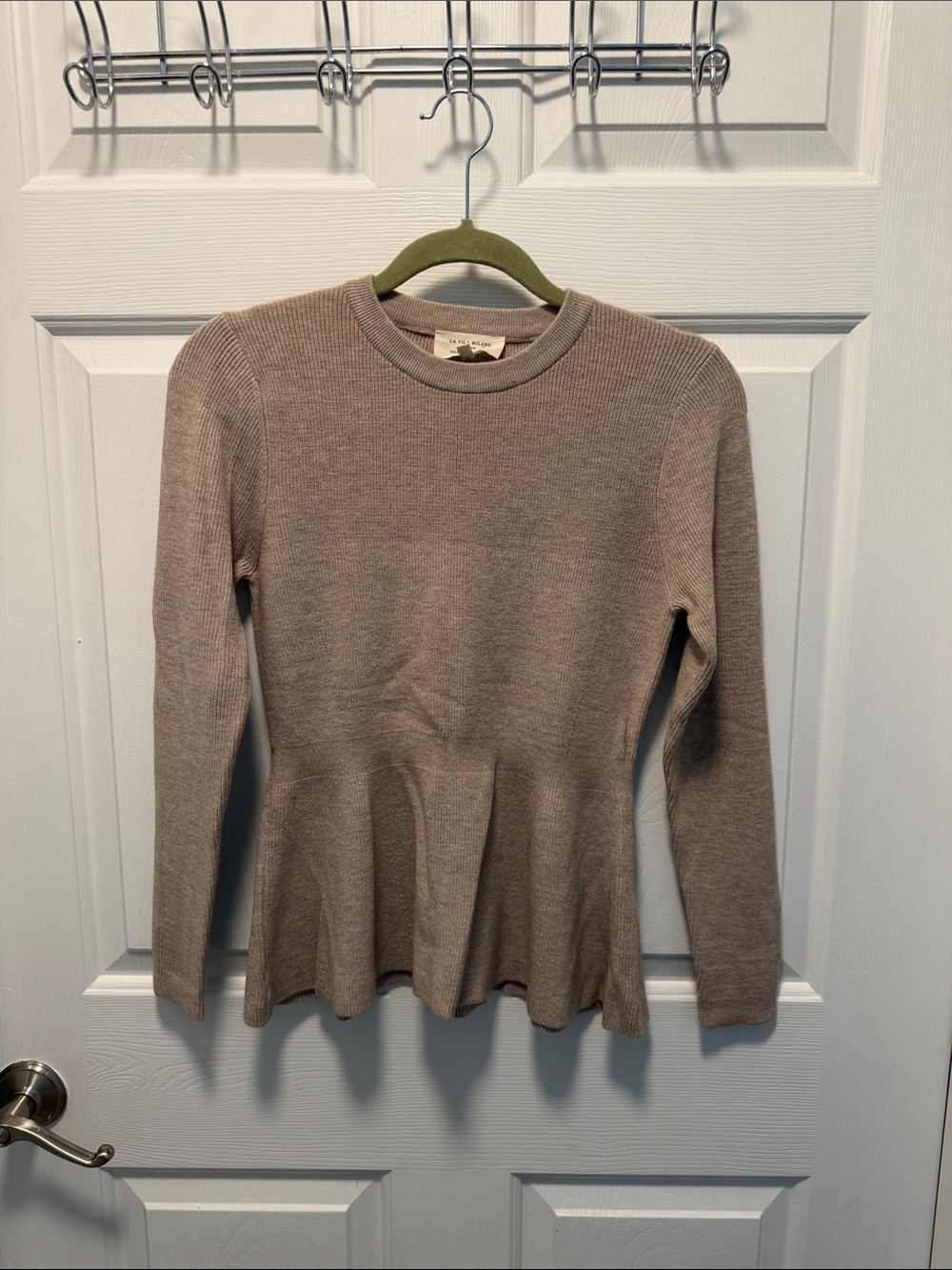 Taupe Ribbed Peplum Long-Sleeve Sweater Top